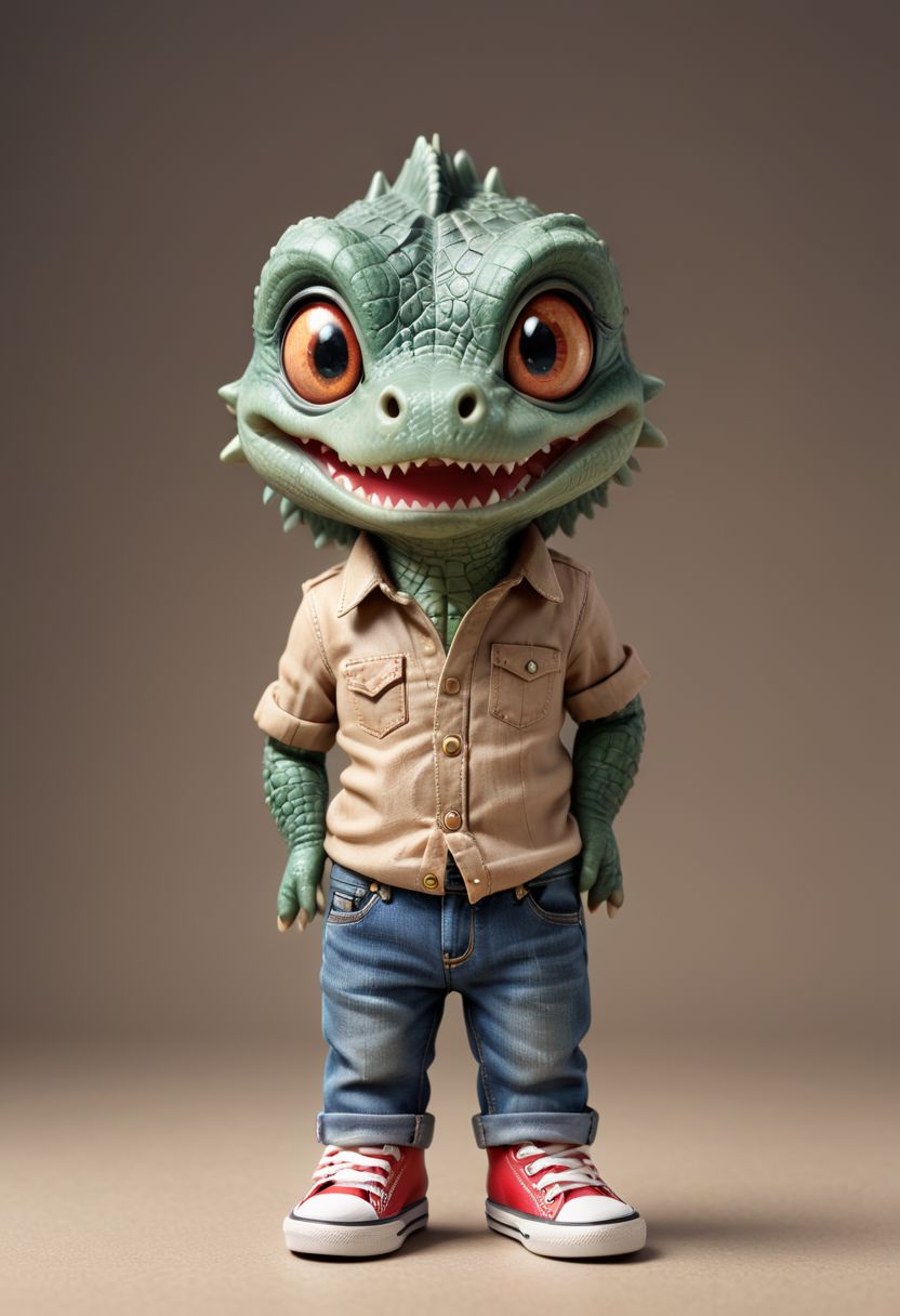 Cute little happy miniature chibi crocodile with big comically bright eyes, wearing jeans and converse shoes, hands in pockets