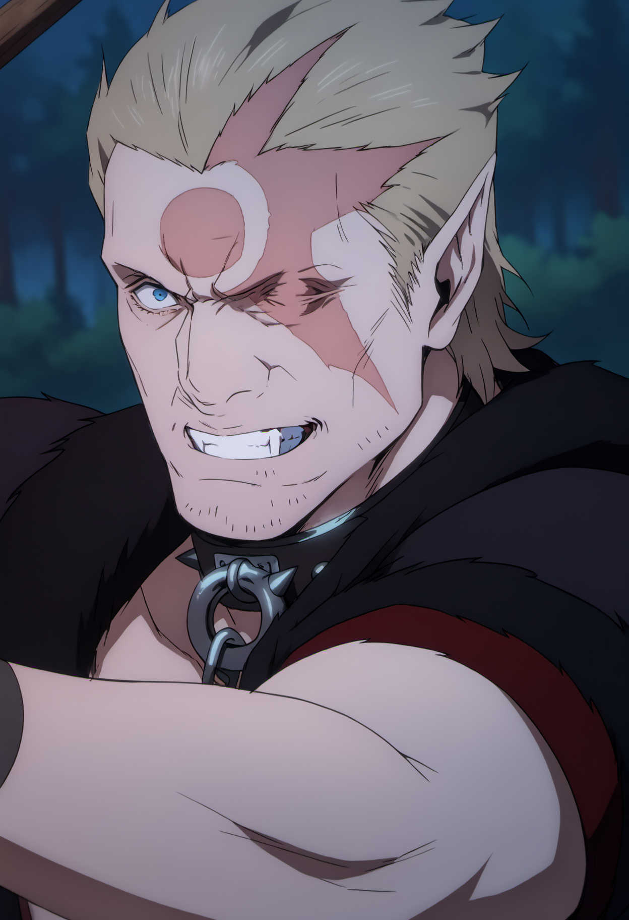 1boy, Nikolai_castlevanianocturne, blonde hair, blue eyes, stubble, slicked back hair, left eye closed, spiked collar, scar on face, fang, (circle_scar_on_forehead), pointy ear, black coat, short sleeve, bare chest, veiny arms, score_8_up, score_7_up, score_6_up, score_9_up, muscular, (stocky_body), (big muscule), big arm, middle-age man , a man in green forest, (((forest environment))), tree background,  night,  centered, looking at viewer, face_focus, detailed eyes, 8k uhd, high quality, anime color,  cinemactic angle, side view, evil_grin, face_focus, fight pose, open arms, holding huge axe, arm up, close up