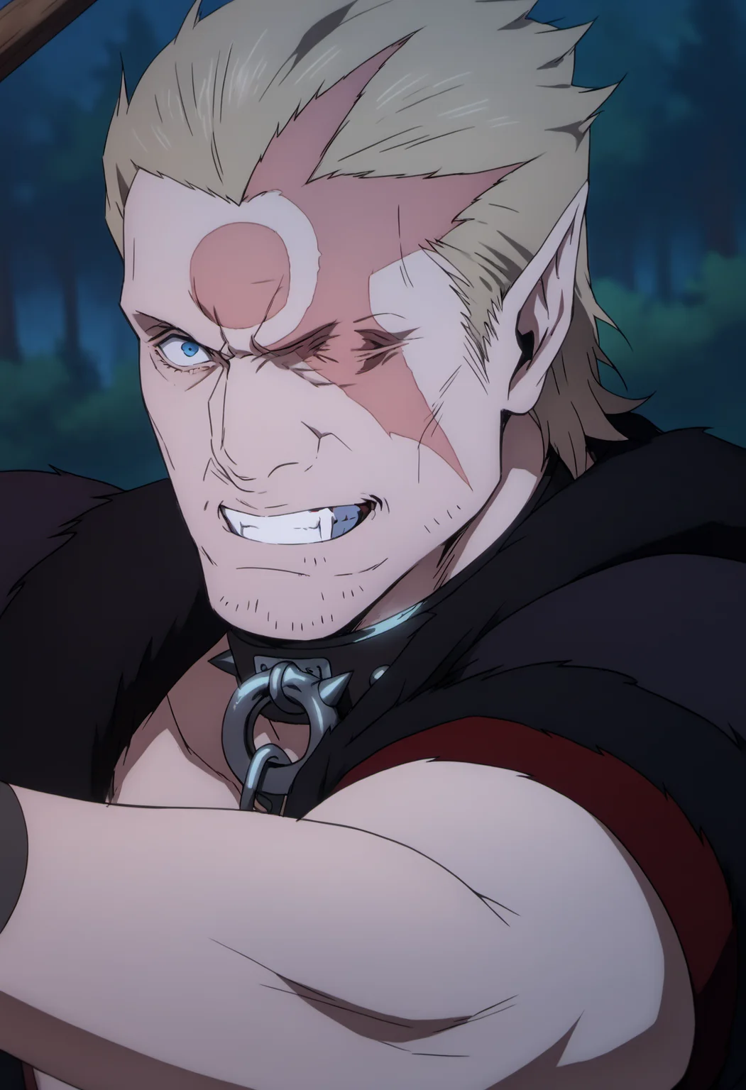 1boy, Nikolai_castlevanianocturne, blonde hair, blue eyes, stubble, slicked back hair, left eye closed, spiked collar, scar on face, fang, (circle_scar_on_forehead), pointy ear, black coat, short sleeve, bare chest, veiny arms, score_8_up, score_7_up, score_6_up, score_9_up, muscular, (stocky_body), (big muscule), big arm, middle-age man , a man in green forest, (((forest environment))), tree background,  night,  centered, looking at viewer, face_focus, detailed eyes, 8k uhd, high quality, anime color,  cinemactic angle, side view, evil_grin, face_focus, fight pose, open arms, holding huge axe, arm up, close up
