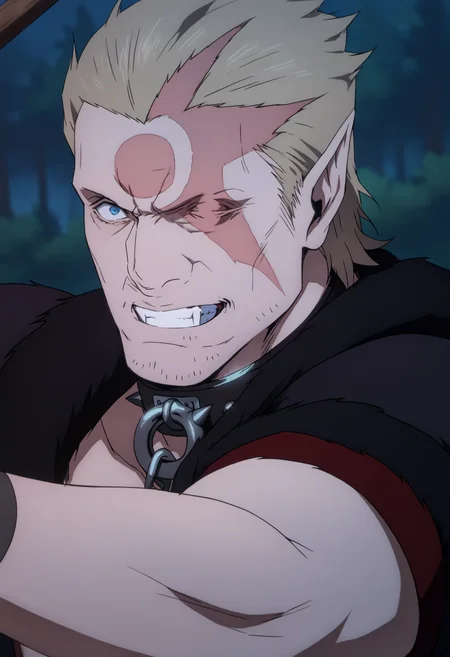 1boy, Nikolai_castlevanianocturne, blonde hair, blue eyes, stubble, slicked back hair, left eye closed, spiked collar, scar on face, fang, (circle_scar_on_forehead), pointy ear, black coat, short sleeve, bare chest, veiny arms, score_8_up, score_7_up, score_6_up, score_9_up, muscular, (stocky_body), (big muscule), big arm, middle-age man , a man in green forest, (((forest environment))), tree background,  night,  centered, looking at viewer, face_focus, detailed eyes, 8k uhd, high quality, anime color,  cinemactic angle, side view, evil_grin, face_focus, fight pose, open arms, holding huge axe, arm up, close up