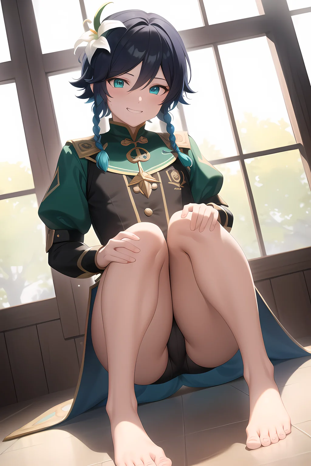 masterpiece, best quality, 1boy, ambiguous gender, from below, hands on own knees, looking at viewer, long sleeves, forest, grin, hair flower, full body, dk_venti, barefoot, shorts, official alternate costume, official style, official alternate hairstyle, bulge,