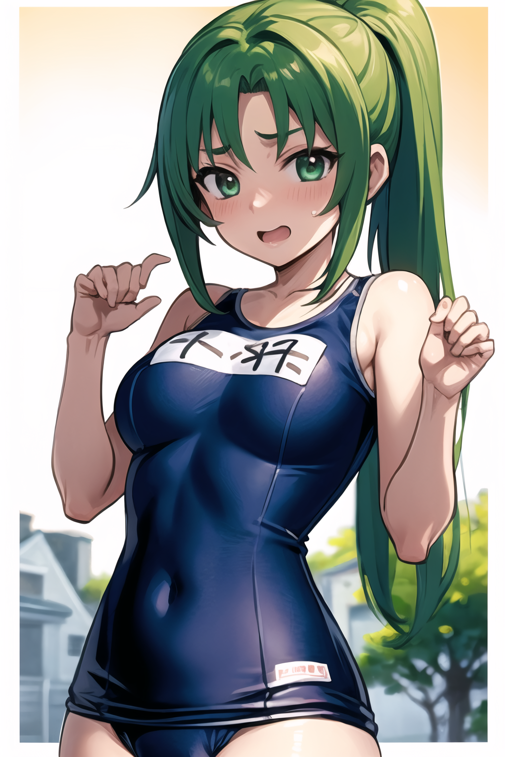 masterpiece, best quality, ultra-detailed, 1girl,  Mion Sonozaki, green hair, green eyes, ponytail, boonies, village, school  swimsuit, embarrassed,