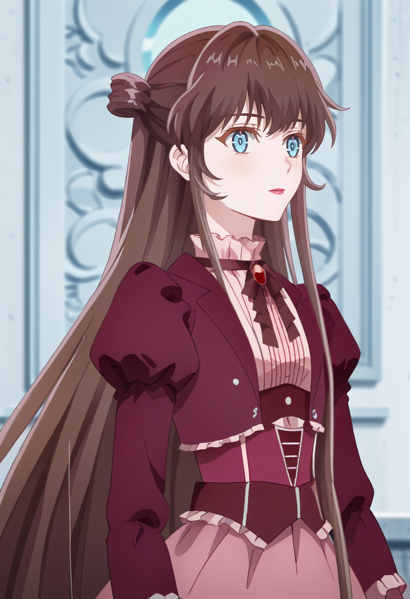 score_9, score_8_up,<lora:WorldFinestAssasin:1> Dia_Undercover, blue eyes, brown hair, very long hair,, ethereal appearence, gothic, makeup, carmine fantastical hair, fantastical background, intricate details, ultra sharp, exquisite detail, flawless composition, vivid colors, masterpiece, exciting background