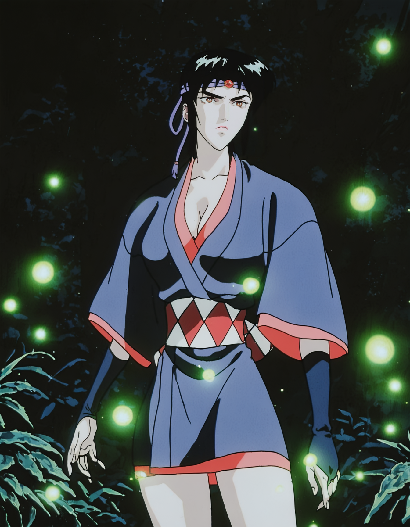 masterpiece, best quality, highres, highly detailed, watercolor \(medium\), (inked:0.5), (jaggy lines, bold outlines:0.5),
1girl, Kagero \(Ninja Scroll\), headband, sash, short kimono, cleavage, large breasts, eyelashes, black hair, bridal gauntlets, nature, fireflies, glowing,
anime screenshot,
  <lora:Ninjascroll NoobAI v-pred:1>