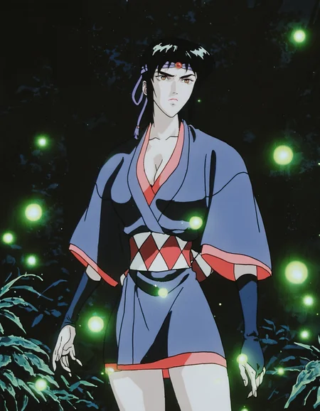 masterpiece, best quality, highres, highly detailed, watercolor \(medium\), (inked:0.5), (jaggy lines, bold outlines:0.5),
1girl, Kagero \(Ninja Scroll\), headband, sash, short kimono, cleavage, large breasts, eyelashes, black hair, bridal gauntlets, nature, fireflies, glowing,
anime screenshot,
<lora:Ninjascroll NoobAI v-pred:1>