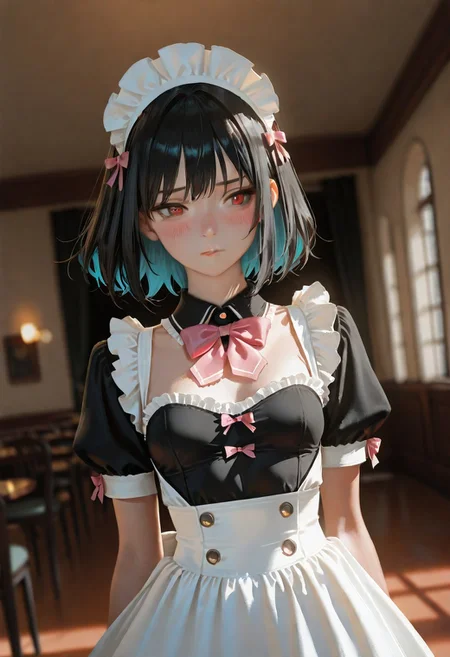 1girl,masterpiece, ultra-HD, cinematic lighting, photorealistic, impressionism (1.5), high detail, depth of field,(In the room), (blurred background), (dramatic lighting),masterpiece, best quality, very aesthetic,8k,masterpiece, best quality,realistic, masterpiece, best quality, 8k,simple_background,Red eyes,Loose hair,(Hair length slightly above shoulder length,Short Black hair,turquoise inner hair),half close-up,blushing,small head, pretty girl,((slim body)), (small breasts), Dynamic angle, Dynamic pose, portrait,
girl,look at the audience,Eyes on the audience,solo,maid dress, pink bow, frills, short sleeves, maid headdress