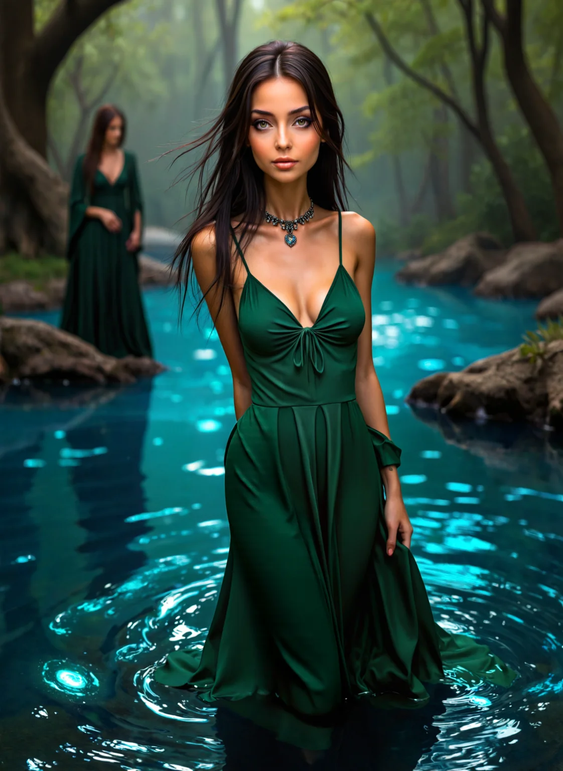 cinematic film still a young woman standing in front of a beautiful blue lake. She is wearing a long, flowing, emerald, green dress with a deep V-neckline and long sleeves. The dress has a high neckline and is cinched at the waist with a belt. The woman has long, dark hair that is styled in loose waves and is looking directly at the camera with a serious expression. The background is filled with lush greenery, including trees and bushes, and there are rocks and plants scattered around the lake. The overall mood of the image is peaceful and serene. <lora:add-detail-xl:.5> <lora:Flux-style-xl-lora:.5>