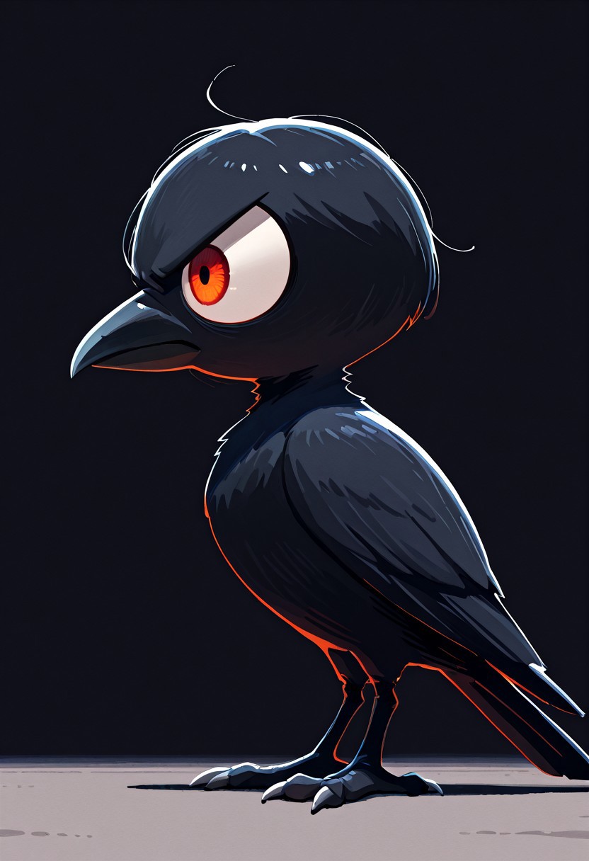 masterpiece, best quality, simple illustration, 1crow, full body,  huge eyes, loocking away, side view, cartoon, no human,  angry, cute,  vivid colors,