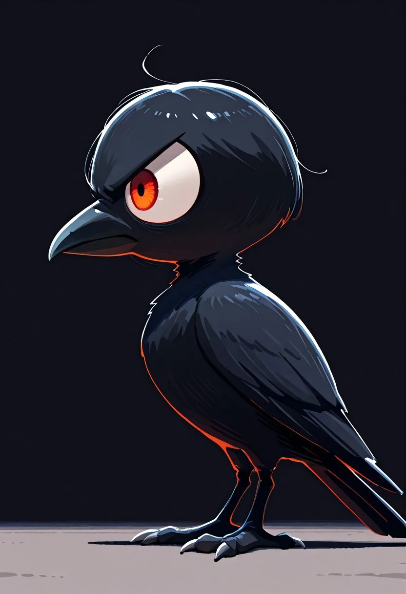 masterpiece, best quality, simple illustration, 1crow, full body, huge eyes, loocking away, side view, cartoon, no human, angry, cute, vivid colors,