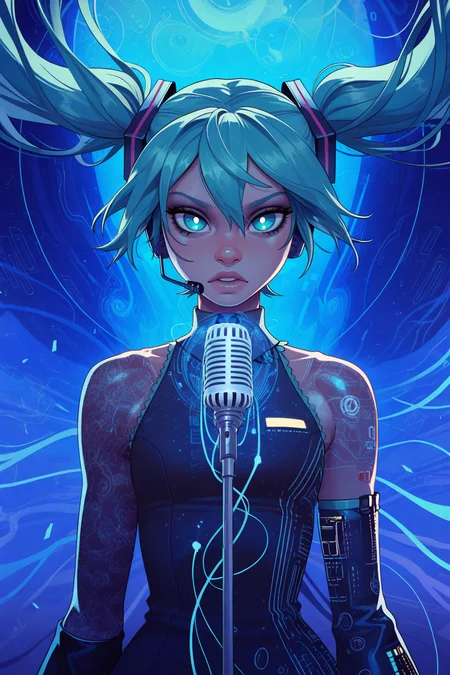 masterpiece, best quality, very aesthetic, (incase:0.4), detailed face, (dynamic:1), stylized, illustration, <lora:Rapscallion_Illustrious:0.3>rapscallionstyle <lora:GTA6 Key Art Style NoobA:0.8>gta6style, <lora:Eop:1>,
1girl, hatsune miku, white pupils, power elements, microphone, vibrant blue color palette, abstract,abstract background, dreamlike atmosphere, delicate linework, wind-swept hair, energy