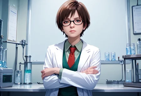 score_9, score_8_up, score_7_up, rebecca-chambers, resident evil, 1girl, glasses, labcoat, necktie, crossed arms, brown hair, short hair, solo focus, realistic, red necktie, solo, laboratory, beaker, potions