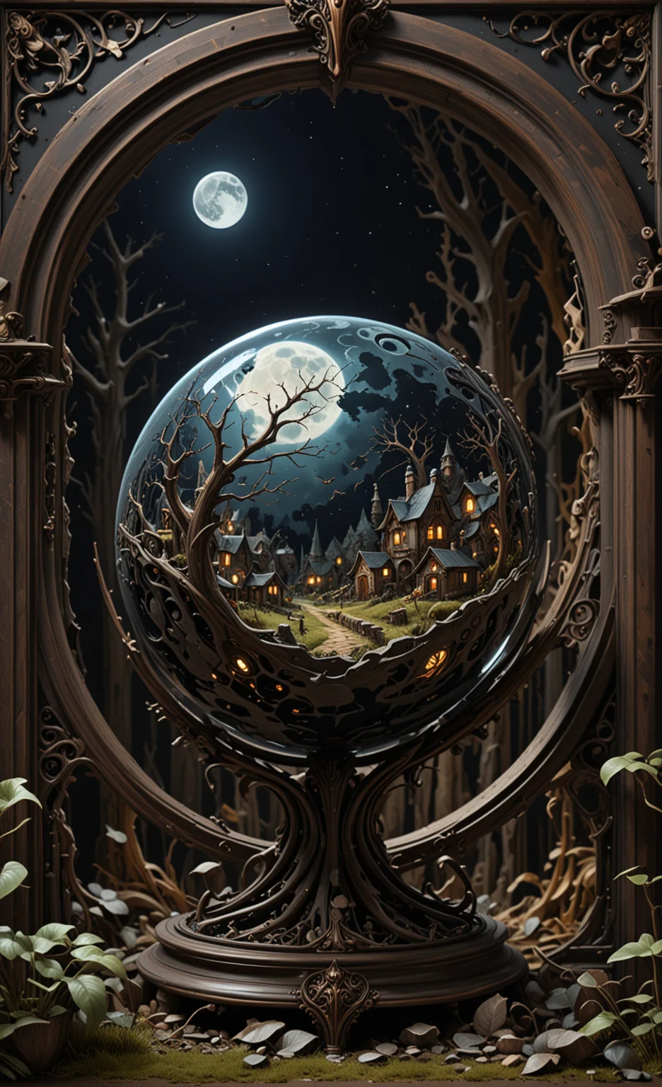 A glass sphere sculpture, concealed inside the sphere is a Hobbits village, in the day, detailed image, 8k high quality detailed, the moon, shaped sphere, amazing wallpaper, digital painting highly detailed, 8k UHD detailed oil painting, beautiful art UHD, focus on full glass sphere, bokeh, background Modifiers: extremely detailed Award winning photography, fantasy studio lighting, photorealistic very attractive beautiful imperial colours ultra detailed 3D, (Very Intricate), UHD, <lora:3D_Framed_Wall_Art_-_By_DICE:1>, (3D Framed, Macabre)