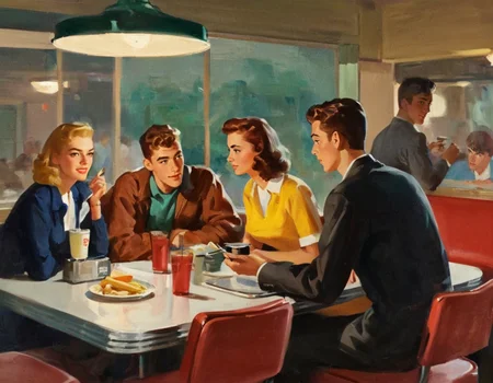 painting by Sundblom of a  high school teenagers at a drive in diner in 1959, texture, top down, close up  <lora:HSundblom1-000003:1>