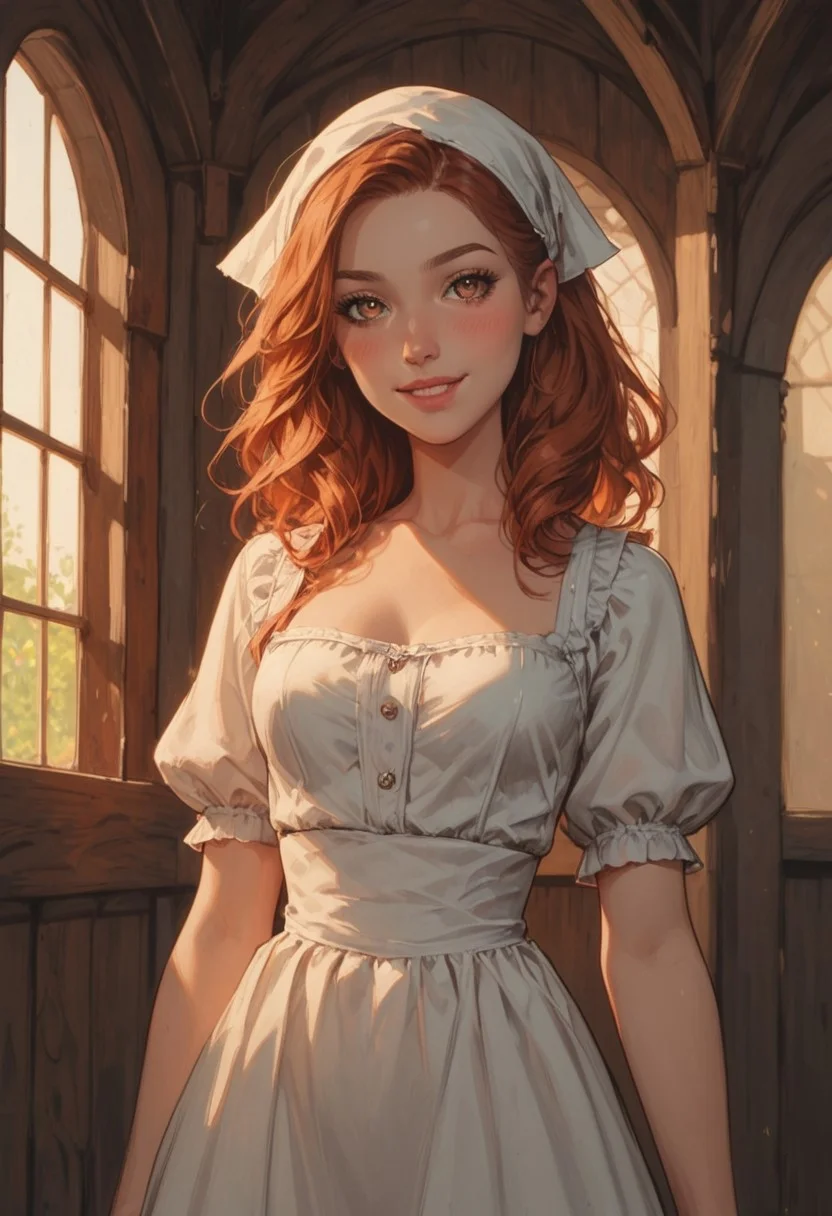 8K, depth of field, focused subject, masterpiece, best quality, amazing quality, very aesthetic,
score_9, score_8_up, score_8,
1girl, 23 years old, solo,
detailed, perfect, expressive, perfect white porcelain fair skin, brown eyes, long flowing red hair, small perky breasts, (tiny waist, slim waist:1.3), flat stomach, sexy thighs, full round butt,
sophisticated, intelligent, seductive, aroused, loving, kind, masterpiece, Expressiveh,(beautiful eyes, detailed eyes, detailes pupills), horny smile, perfect ass, very shy, very submissive, cleavage, cinematic light, blushing, heart, cowboy shot, blush, very attractive, perfect face, perfect body, cute smile, blush, looking at viewer, volumetric lighting, cinematic lighting, depth of field, gracefull, long legs, medieval farmgirl, medieval farmer outfit, in barn head scarf, rear view, sexy