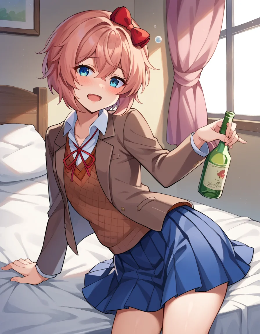 score_9, score_8_up, score_7_up, source_anime,
ddlcsayori, <lora:ddlc-sayori-ponyxl-lora-nochekaiser:1>
ddlcsayori, blue eyes, hair between eyes, hair bow, hair ornament, pink hair, red bow, short hair,
blue skirt, pleated skirt, school uniform, skirt, brown jacket, jacket,
indoors, bed, bed room, on side, blush, drunk,
looking at viewer, dutch angle, cowboy shot,