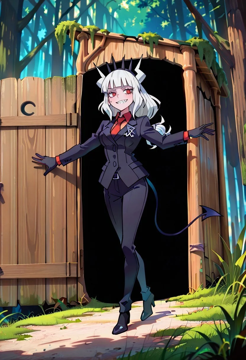 masterpiece, best quality, newest, absurdres, highres, anime, anime style, Shrek's-Outhouse-IL.V1.1, outdoors, moss, plant, nature, forest, Outhouse-open door, opening door, 1girl, lucifer \(helltaker\), black suit, red necktie, black collared shirt, black gloves, blunt bangs, demon horns, demon girl, demon tail, sharp teeth, red eyes, white hair, long hair