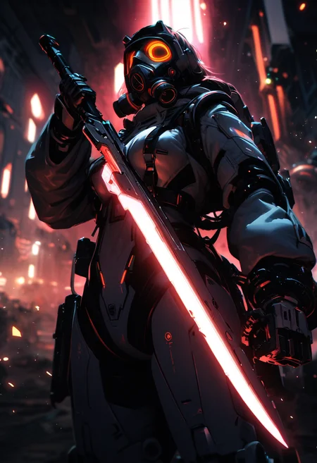 (best quality), future, 1girl, solo, miko motif exoskeleton suit, led, gas mask, holding blade, machinery, digital engraving, ultra highres, absurdres, deep glow effect, hdr, light particles, cinematic lighting, depth of field