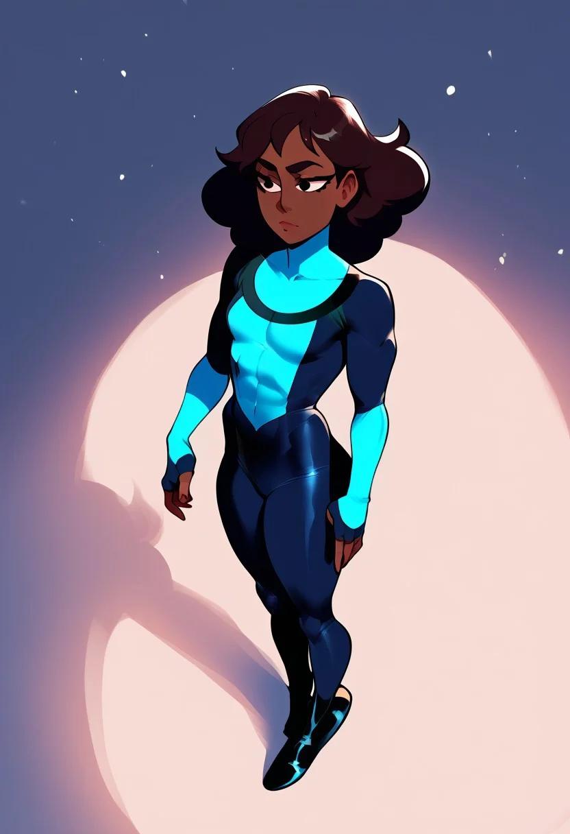 score_9, score_8_up, score_7_up
, masterpiece, beautiful,1 girl, small breast, dark skin,
connie, 1girl, brown hair, dark-skinned female, solo, black eyes, tied hair,
Invinciblemc,skintight suit, dark blue torso colored suit, blue and black suit, dark blue colored lower body suit,black accents, black u-shaped neckline on suit, blue arm area colored, black fingerless gloves, black boots,