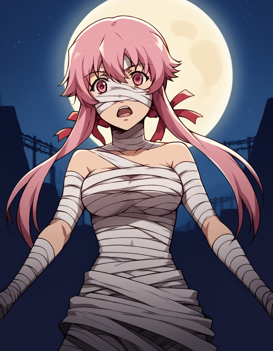 score_9, score_8_up, score_7_up, source_anime, <lora:yuno-gasai-s1-ponyxl-lora-nochekaiser:1>, yuno gasai, long hair, pink hair, pink eyes, sidelocks, ribbon, red ribbon, hair ribbon, twintails, medium breasts, <lora:mummy-costume-ponyxl-lora-nochekaiser:1>, mummy costume, bandages, halloween costume, bandaged arm, zombie pose, bandage on face,, desert, moon, night, open mouth, , dutch angle, cowboy shot
