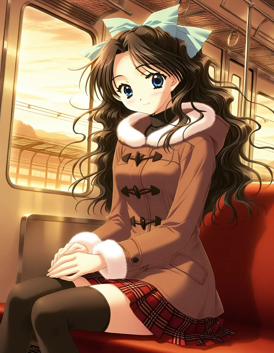 general,highres, ultra-detailed,very aesthetic,best quality ,best hands, BREAK <lora:Shirai_Yuuri_IS:1>ShiraiYuuri, 1girl, long hair, brown hair, blue eyes, hair bow, ribbon, black hair, wavy hair, hair ribbon, breasts,light smile,
solo, thighhighs, skirt, sitting, blush, plaid skirt, plaid, smile, bow, train interior, dutch angle, fur trim, turtleneck, coat, window, long sleeves, looking at viewer