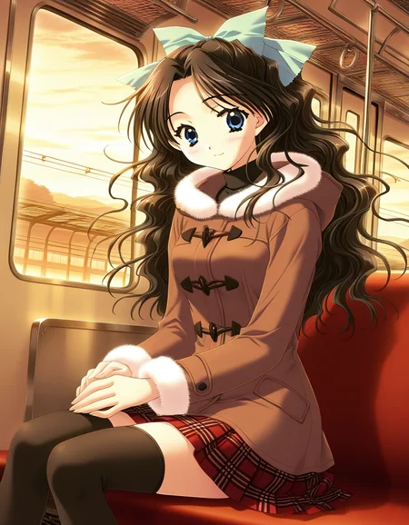 general,highres, ultra-detailed,very aesthetic,best quality ,best hands, BREAK <lora:Shirai_Yuuri_IS:1>ShiraiYuuri, 1girl, long hair, brown hair, blue eyes, hair bow, ribbon, black hair, wavy hair, hair ribbon, breasts,light smile,
solo, thighhighs, skirt, sitting, blush, plaid skirt, plaid, smile, bow, train interior, dutch angle, fur trim, turtleneck, coat, window, long sleeves, looking at viewer