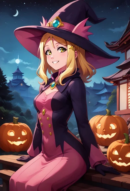score_9, score_8_up, score_8, medium breasts, (curvy), cute, eyelashes, sitting on bench, side view, smile, looking at viewer,  ,,, 
<lora:mari-ohara-s2-ponyxl-lora-nochekaiser:1>, mari ohara, long hair, bangs, blonde hair, hair ornament, yellow eyes, braid, medium hair, hair rings, crown braid,
zzMismagius, witch hat, 
<lora:wizard-ponyxl-lora-nochekaiser:1>, wizard, wizard hat, robe, dress, long sleeves, gloves,
(pumpkins), night, stars, 
cowboy shot,  BREAK, pnkBldng, sky, day, cloud, tree, blue sky, building, architecture, east asian architecture, BREAK,  embedding:zPDXL, Expressiveh,   <lora:PinkBuildingsPDXL_v2:0.6>,  <lora:CatalystStylePDXL:0.3>,  <lora:SDXLFaeTastic2400:0.5>,  <lora:Expressive_H-000001:0.4>,