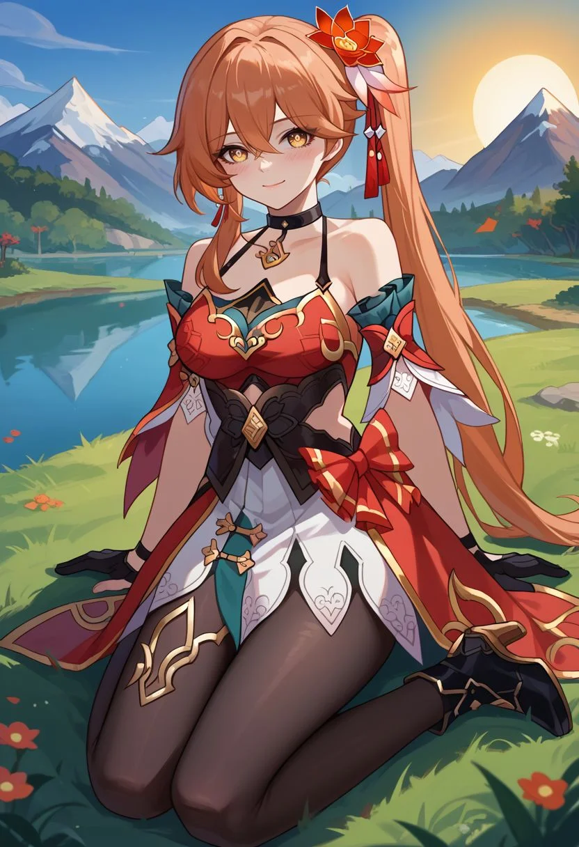 score_9, score_8_up, score_7_up, source_anime, 1girl, guinaifendef, yellow eyes, orange hair, long hair, hair between eyes, side ponytail, hair ornament, hair flower, black choker, bare shoulders, detached sleeves, red dress, chinese clothes, black gloves, black pantyhose, black footwear, high heels, boots, wariza, kneeling, closed mouth, smile, blush, looking at viewer, outdoors, grass, nature, lake, mountain in the background, sun, facing viewer, <lora:Guinaifen_v1-000010:1>