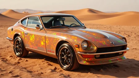 Set against the backdrop of an endless desert landscape at golden hour, the Datsun 240Z Fairlady gleams with an opalescent ral-opal paint job in sunburst gold, warm amber, and deep crimson. The reflective body shimmers like a mirage, blending seamlessly with the shifting sands. Chrome accents on the bumpers, mirrors, and trim add a sleek contrast, while the black performance tires grip the smooth, sunlit terrain. The sky casts long shadows, enhancing the glowing depth of the opal-textured surface.
<lora:ral-nssndtsn:1.1> <lora:ral-opal-flux:1>