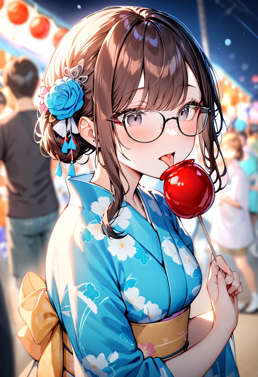 masterpiece, best quality, very aesthetic, absurdres,
ringoame, food, japanese clothes, candy apple, kimono, 1girl, glasses, brown hair, solo focus, hair ornament, yukata, festival, licking, tongue, sash, blue kimono, black eyes
<lora:ringoame_SDXL_V1:1>
