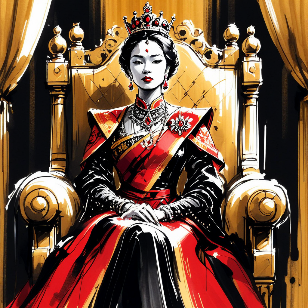 inksketch, a royal queen, sitting on a throne, black and gold, dripping red
