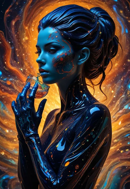 t-shirt, night, blonde hair, girl , RAW, photo, source_photo, highly quality, 8k, she stand at a small stage floor, overlooking an infinite cosmic rave., BREAK, The floating alien island beneath the stage is dotted with glowing star crystals that shimmer in different colors. Her eyes look contemplative as she sips a vibrant cosmic drink, colorful liquid matching her luminous jewelry. The view of stars and swirling galaxies and light trails in the background gives a dreamy feel to this moment. BREAK, glow circuit patterns, style of Light painting, eye focus, gloves, glowing eyes,blacklight makeup, black light paint, blp, made out of,colorful,liquid,Murano Art Glass