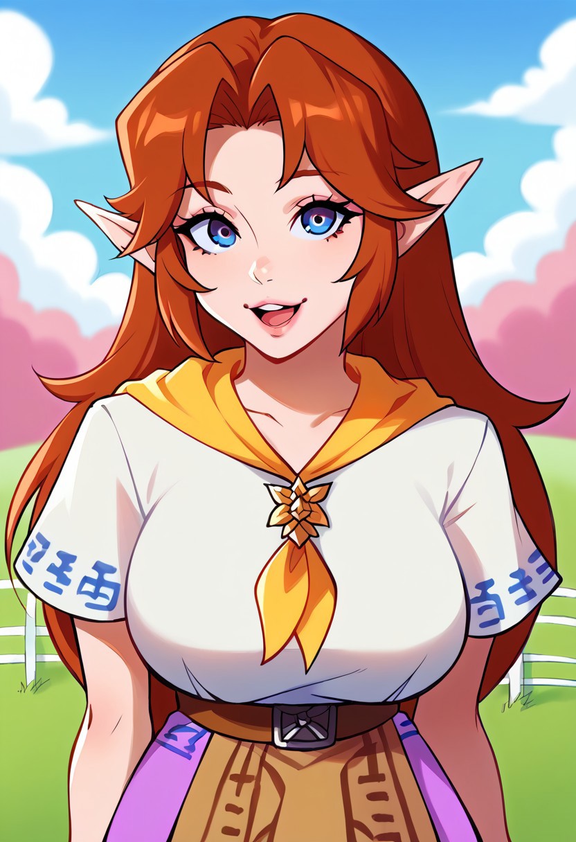 score_9, score_8_up, score_7_up, score_6_up, 1girl, curvy, <lora:1ly4XLP:1> 1ly4, pink background, ((face focus:0.9)), ((upper body focus:0.9)), ((full body:0.9)), <lora:Malon:1>, white dress, <lora:malon-pdxl-nvwls-v1-000005:1>, red hair, long hair, pointy ears, white shirt, yellow neckerchief, short sleeves, belt, purple skirt, long skirt, brown apron, looking at you, happy, field, fence, blue sky, clouds, upper body, smile, big breasts, open mouth, <lora:malon-illu-nvwls-v1:1>, mal0n, auburn hair, cremia, parted bangs, brooch, plain shirt, blue trim, brown belt, belt buckle, brown waist apron, <lora:cremia-nvwls-v1-000009:0.9>, cremia,