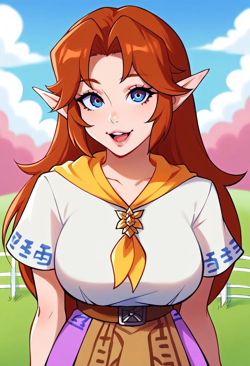score_9, score_8_up, score_7_up, score_6_up, 1girl, curvy, <lora:1ly4XLP:1> 1ly4, pink background, ((face focus:0.9)), ((upper body focus:0.9)), ((full body:0.9)), <lora:Malon:1>, white dress, <lora:malon-pdxl-nvwls-v1-000005:1>, red hair, long hair, pointy ears, white shirt, yellow neckerchief, short sleeves, belt, purple skirt, long skirt, brown apron, looking at you, happy, field, fence, blue sky, clouds, upper body, smile, big breasts, open mouth, <lora:malon-illu-nvwls-v1:1>, mal0n, auburn hair, cremia, parted bangs, brooch, plain shirt, blue trim, brown belt, belt buckle, brown waist apron, <lora:cremia-nvwls-v1-000009:0.9>, cremia,