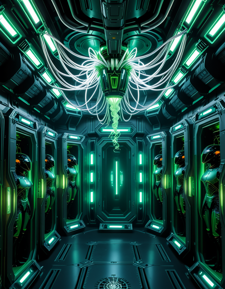 A dark, oppressive regeneration chamber deep within a Borg vessel â a biomechanical environment where drones return to recharge and interface with the collective. The chamber is dimly lit with pulsating green and white lights that flicker through dense shadows. The walls are lined with vertical alcoves, each containing a Borg drone standing motionless, plugged into the system via biomechanical tendrils, tubes, and neural interfaces embedded into their bodies.
The surfaces of the room are a fusion of metallic plating, organic texture, and cybernetic growths â as if the ship itself is alive, constantly shifting and adapting. Steam hisses softly from vents near the floor, and faint mechanical whirring echoes through the chamber. Fiber optic cables pulse with data transmissions, running across the ceiling like glowing veins. 
Above, a central neural conduit hangs like a mechanical spine from the ceiling, branching out and connecting to each alcove, feeding the collective hive mind with real-time information. The atmosphere is cold, sterile, and unnervingly silent â a place devoid of individuality, where only the will of the collective exists. There is no comfort here, only efficiency, order, and total control. 
<lora:SDXLFaeTastic2400:0.4> <lora:extremely_detailed:0.4> extremely detailed,<lora:borg_recharge_ch4mb3r:1>,borg recharge ch4mb3r, Masterpiece,best quality,hi res,8k,hi res,8k,award winning,(sharp focus, intricate, highly detailed),