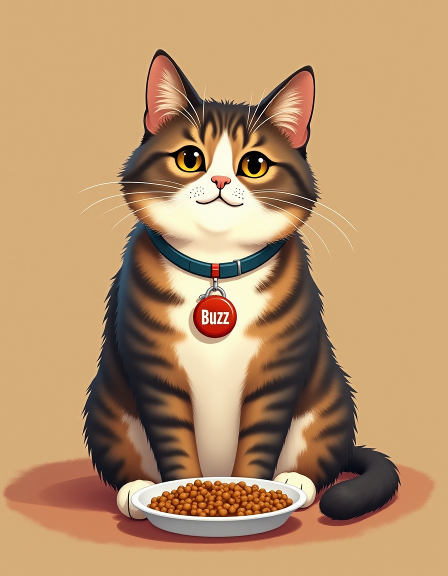 Image of cat sitting near dish with text "Feed Buzz", cat is wearing badge with name "Buzz"