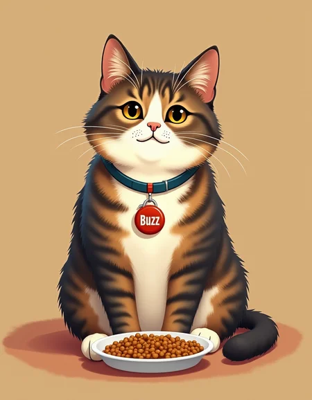 Image of cat sitting near dish with text "Feed Buzz", cat is wearing badge with name "Buzz"