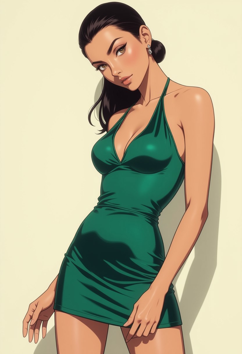 An ultra-modern mannequin-inspired model with piercing hazel eyes, sharp facial structure, and flawless skin, elegantly posing in a silky emerald green mini dress with a structured fit. Her jet-black hair is pulled into a sleek ponytail, highlighting her facial features. She lightly lifts her left hand near her waist while her right is positioned outward. The background is soft, studio-style cream-white.