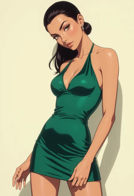 An ultra-modern mannequin-inspired model with piercing hazel eyes, sharp facial structure, and flawless skin, elegantly posing in a silky emerald green mini dress with a structured fit. Her jet-black hair is pulled into a sleek ponytail, highlighting her facial features. She lightly lifts her left hand near her waist while her right is positioned outward. The background is soft, studio-style cream-white.