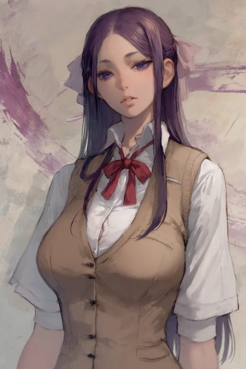 score_9, score_8_up, score_7_up, rating_explicit, rating_questionable, matou sakura, breasts, brown vest, collared shirt, hair ribbon, homurahara academy school uniform, large breasts, long hair, neck ribbon, purple eyes, purple hair, red ribbon, ribbon, school uniform, shirt, vest, white shirt, solo, solo focus, portrait, high contrast,detailed background,dark,wide shot, Standing with hands behind the back, <lora:nat_the_lich_canvas:1>