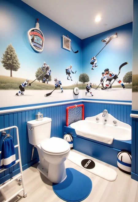 <lora:Custom_Bathroom_Crafter_FLUX-000013:0.8>
This is a photograph of a rural, hockey themed bathroom, with blue and white  details, hockey net shaped bathtub, and hockey puck toilet.