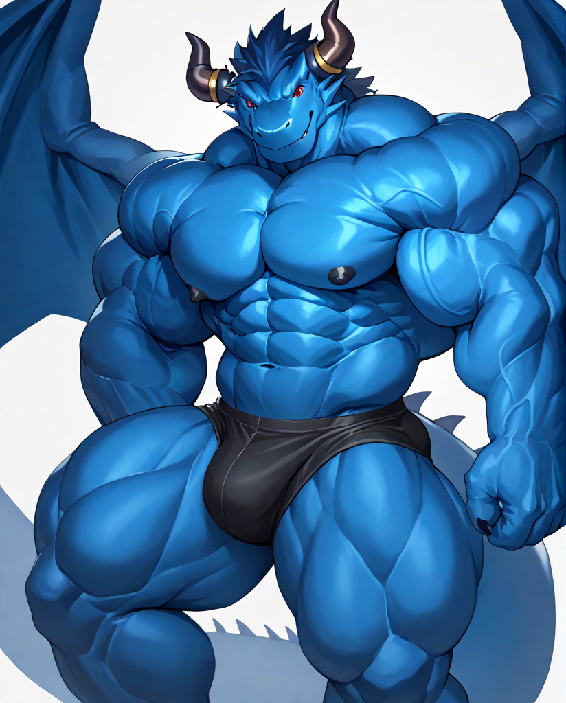 source_furry,score_9,score_8 up,score_7 up,score_6 up,male,anthro,furry,1boy,solo,blue_dragon,dragon,wings,horns,blue body,red eyes,muscles,muscular,bodybuilder,abs,pectorals,biceps,huge muscles,large muscles,hyper muscles,<lora:Blue_Dragon:0.9>,massive muscle,hyper muscular,<lora:Hyper_Mass:0.8>,