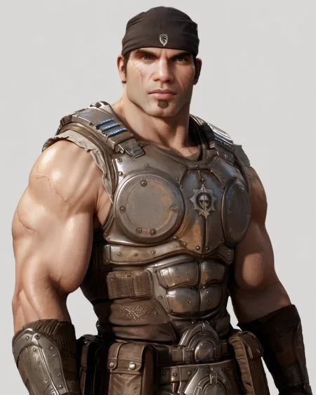 <lora:Marcus_Fenix_PonyXL-10(2):0.95> og_marcus_fenix, looking at viewer, bandana, armor, simple background, (muscular:1.1), scar, sleeveless armor, score_9, score_8_up, score_7_up,