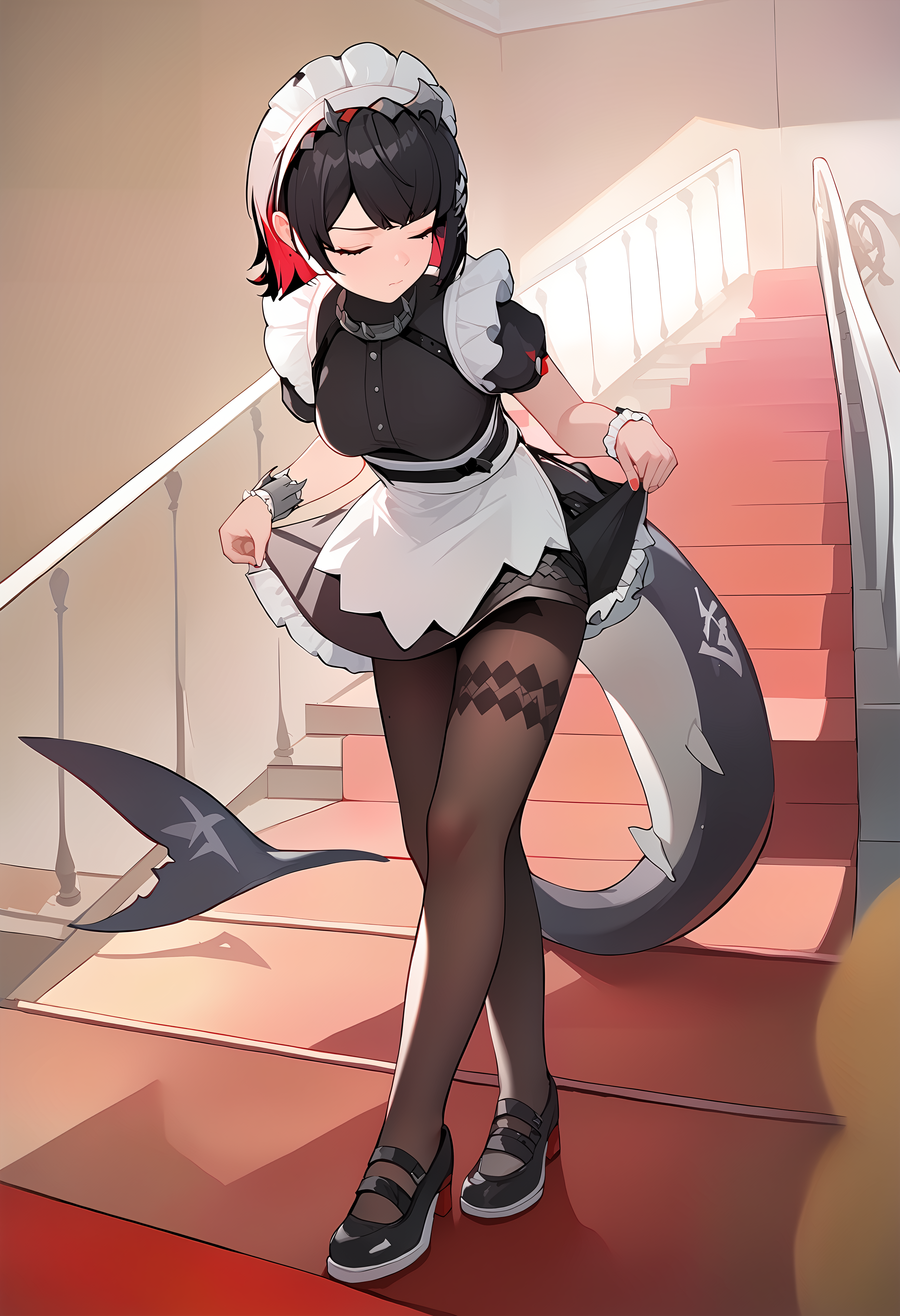 (score_9, score_8_up, score_7_up), curtsey, standing, 1girl, ellen_joe,maid_headdress,black_dress,wrist_cuffs,puffy_short_sleeves,mole_under_eye, black pantyhose, black footwear, fins, leaning forward, closed mouth, closed eyes, indoors, stairs with red carpet, <lora:curtsey-gesturePO-v1-000012:0.9>, <lora:ellen_joe_pony:0.9>