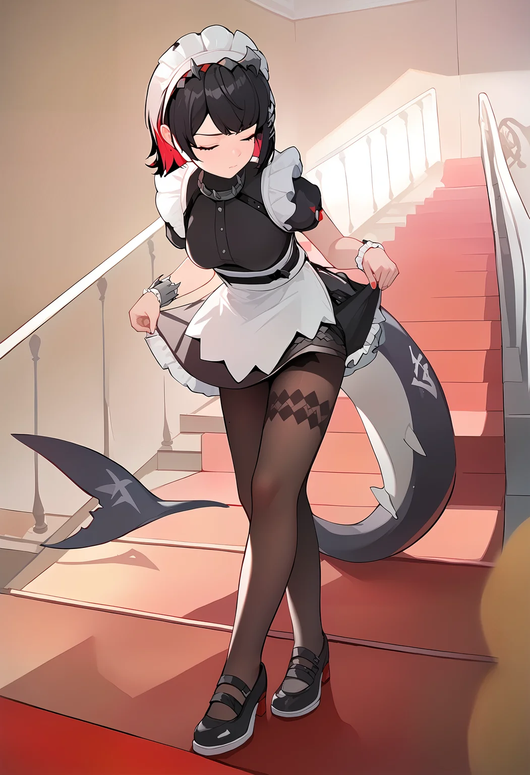 (score_9, score_8_up, score_7_up), curtsey, standing, 1girl, ellen_joe,maid_headdress,black_dress,wrist_cuffs,puffy_short_sleeves,mole_under_eye, black pantyhose, black footwear, fins, leaning forward, closed mouth, closed eyes, indoors, stairs with red carpet, <lora:curtsey-gesturePO-v1-000012:0.9>, <lora:ellen_joe_pony:0.9>