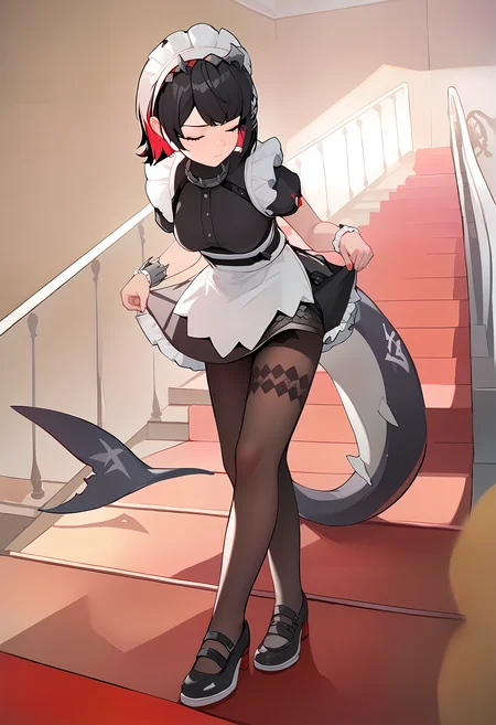 (score_9, score_8_up, score_7_up), curtsey, standing, 1girl, ellen_joe,maid_headdress,black_dress,wrist_cuffs,puffy_short_sleeves,mole_under_eye, black pantyhose, black footwear, fins, leaning forward, closed mouth, closed eyes, indoors, stairs with red carpet, <lora:curtsey-gesturePO-v1-000012:0.9>, <lora:ellen_joe_pony:0.9>