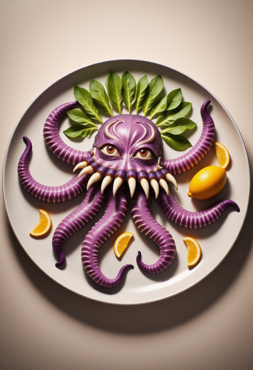 <lora:Food_Formations_FLUX-000016:1> <lora:Ultros_-_Final_Fantasy_FLUX:0.8>
The image is a vibrant, high-resolution photograph showcasing a meticulously arranged plate of food art, styled to resemble an 8-tentacled purple octopus.