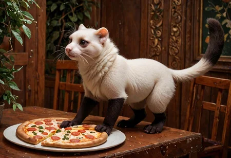 score_9, score_8_up, score_7_up, score_6_up, score_5_up, score_4_up, fur, animal weasel, g5, rich colors, front view, detailed background, detailed, 8k quality, side view, beautiful, teasing, freely actions, small, sausage tree, flying pizza like a marten, pizza, weasel, ferret,