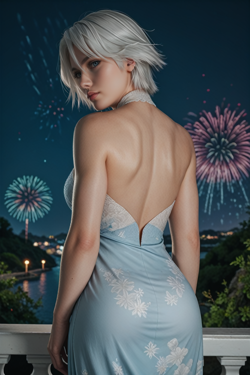 score_9, score_8_up, score_7_up,
<lora:DOAChristie:0.8>
DOAChristie, 1girl, white hair, blue eyes, short hair, looking at viewer, from behind, cowboy shot, dress, looking back, fireworks, at night