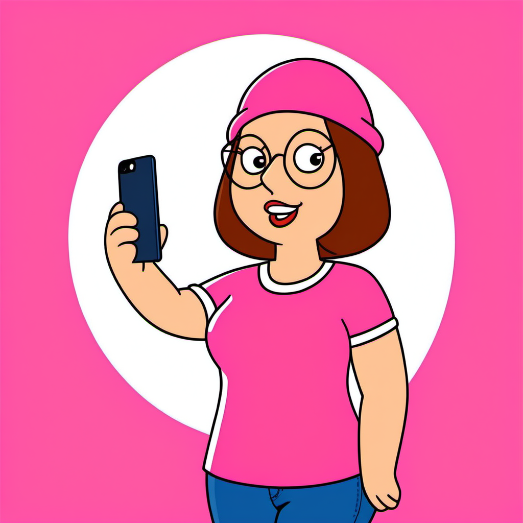 line art drawing a carton woman, brown hair, glasses, pink shirt, jeans pants, beanie, taking a selfie<lora:Meg1024:0.8> . professional, sleek, modern, minimalist, graphic, line art, vector graphics