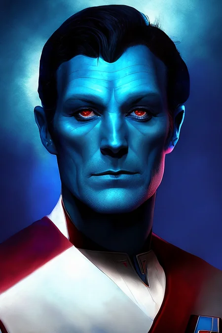 photo of thrawn, an alien with (black hair:1.3), wearing a star wars imperial uniform, (blue skin:1.5), (red eyes:1.3), (colored skin,:1.1), detailed face